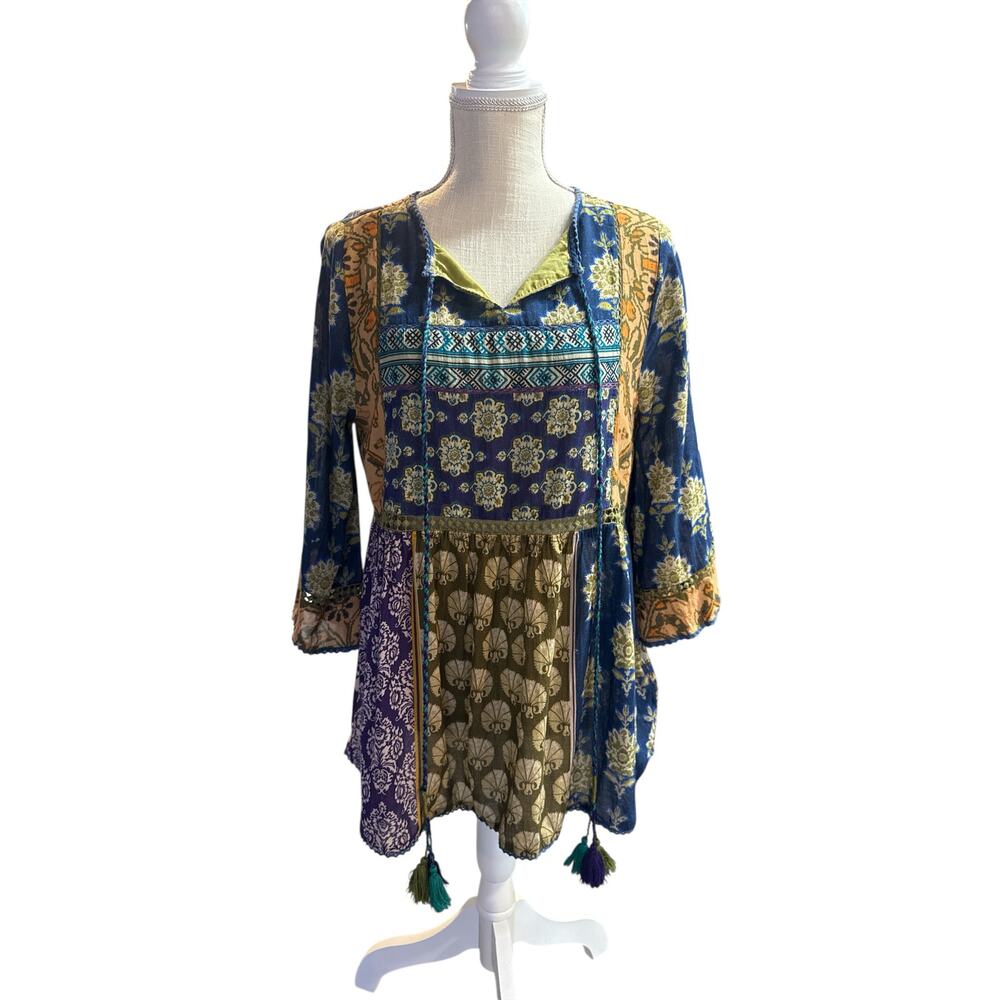 Soft Surroundings Boho Hippie Tassel Gold Patchwork Peasant Tunic Sz M - Picture 3 of 16